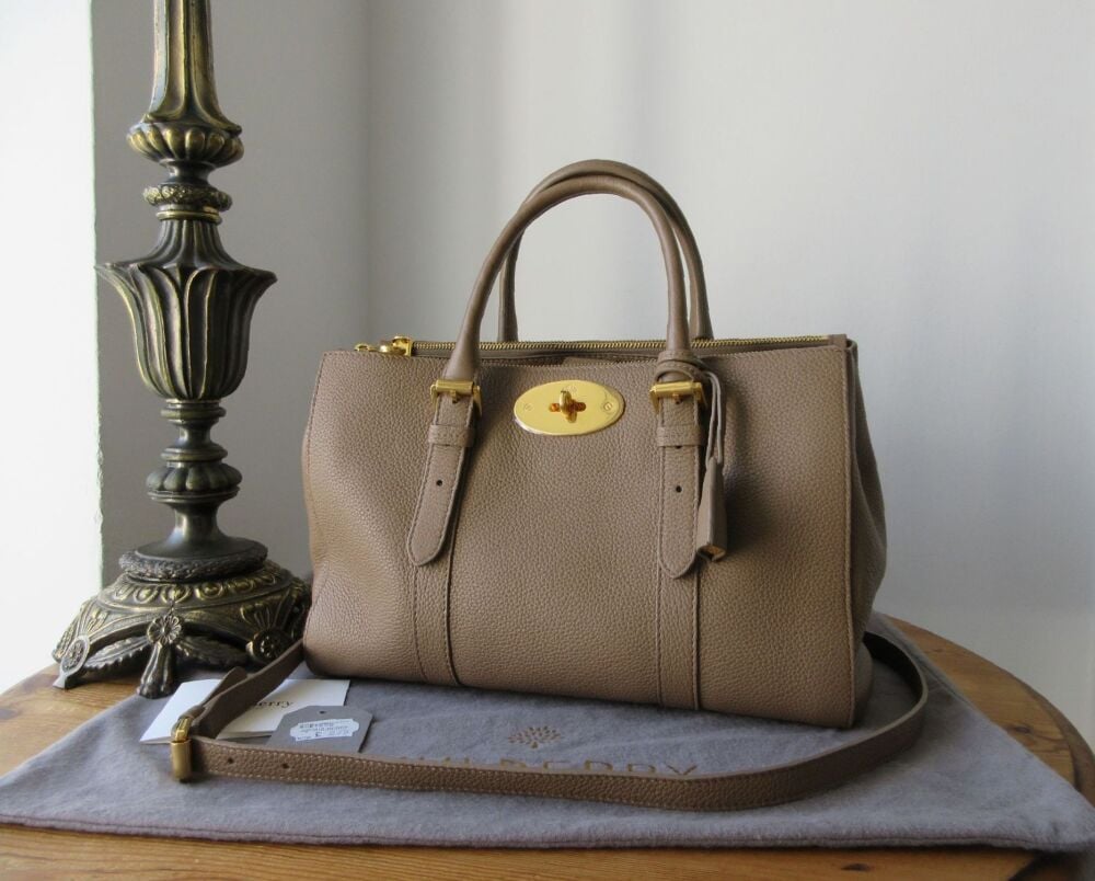 Mulberry Small Bayswater Double Zip Tote in Dark Beige Small Classic Grain