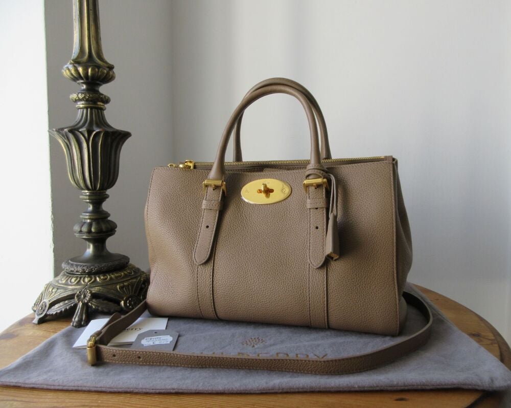 Mulberry Small Bayswater Double Zip Tote in Dark Beige Small Classic Grain
