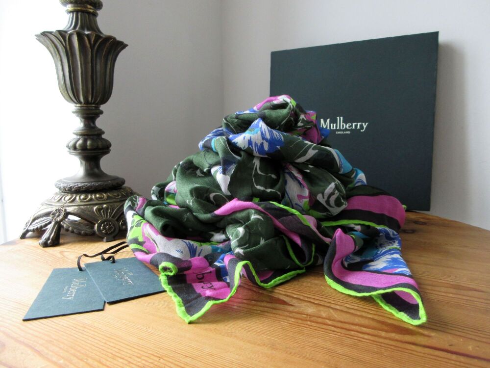 Mulberry Floral Oasis Square Scarf Wrap in Dark Olive Modal Silk Mix