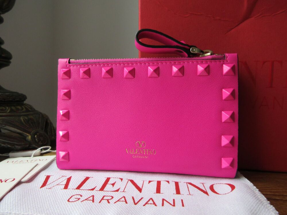 Valentino Garavani Rockstud Zip Purse Card Wallet in Hot Pink New