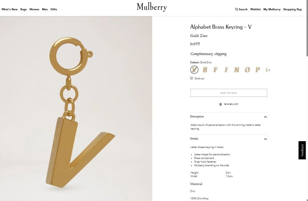 Mulberry Alphabet Brass Keyring Bag Charm Personalisation Charm in the Letter V - New