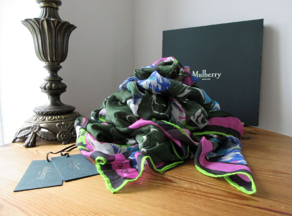 Mulberry Floral Oasis Square Scarf Wrap in Dark Olive Modal Silk Mix