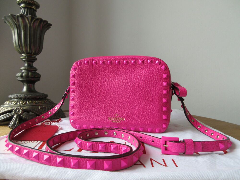 Valentino Rockstud Small Camera Crossbody in Hot Pink Pebbled Calfskin