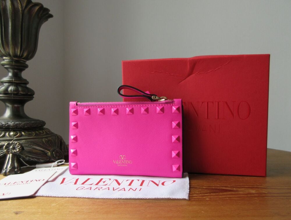 Valentino Garavani Rockstud Zip Purse Card Wallet in Hot Pink Calfskin - Ne