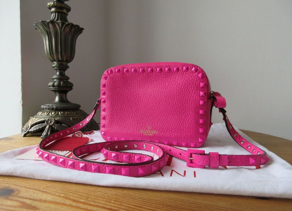 Valentino Garavani Rockstud Small Camera Crossbody in Hot Pink Pebbled Calfskin