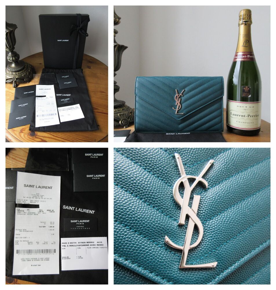 Saint Laurent YSL Monogram Cassandre Envelope Chain Wallet in Teal Grain de Poudre Matelasse