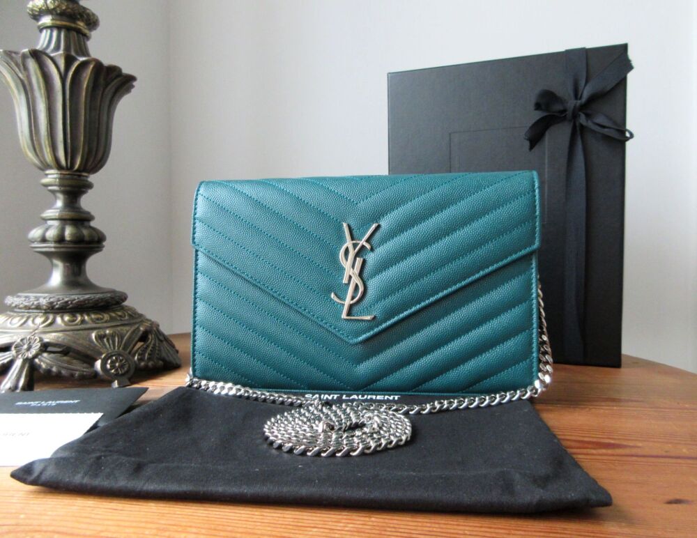Saint Laurent YSL Monogram Cassandre Envelope Chain Wallet in Teal Grain de Poudre Matelasse
