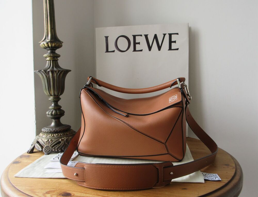 LOEWE Medium Classic Puzzle Bag in Tan Calfskin with Palladium Silver Hardw