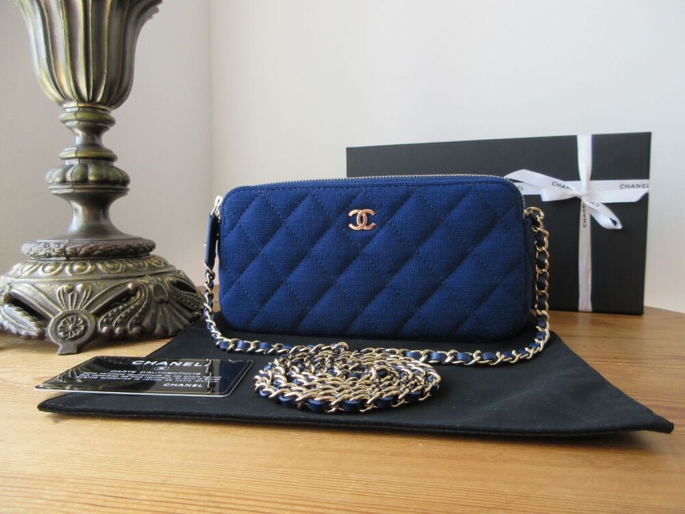 Chanel VIP Bicolore Twin Zipped Pochette Clutch with Chain in Royal Blue Quilted Jersey with Emerald Calfskin