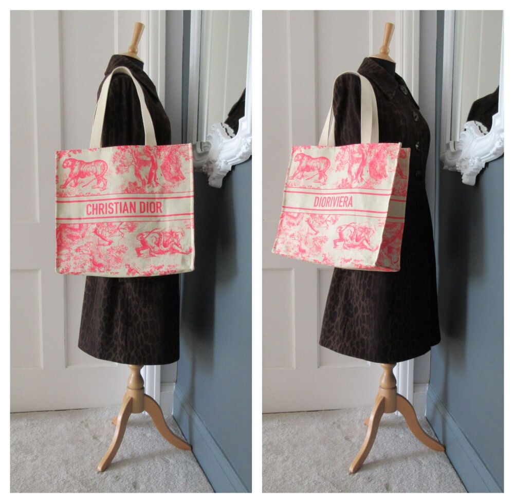 Christian Dior VIP Dioriviera Large Straw Book Tote with Hot Pink Toile de Jouy - New*