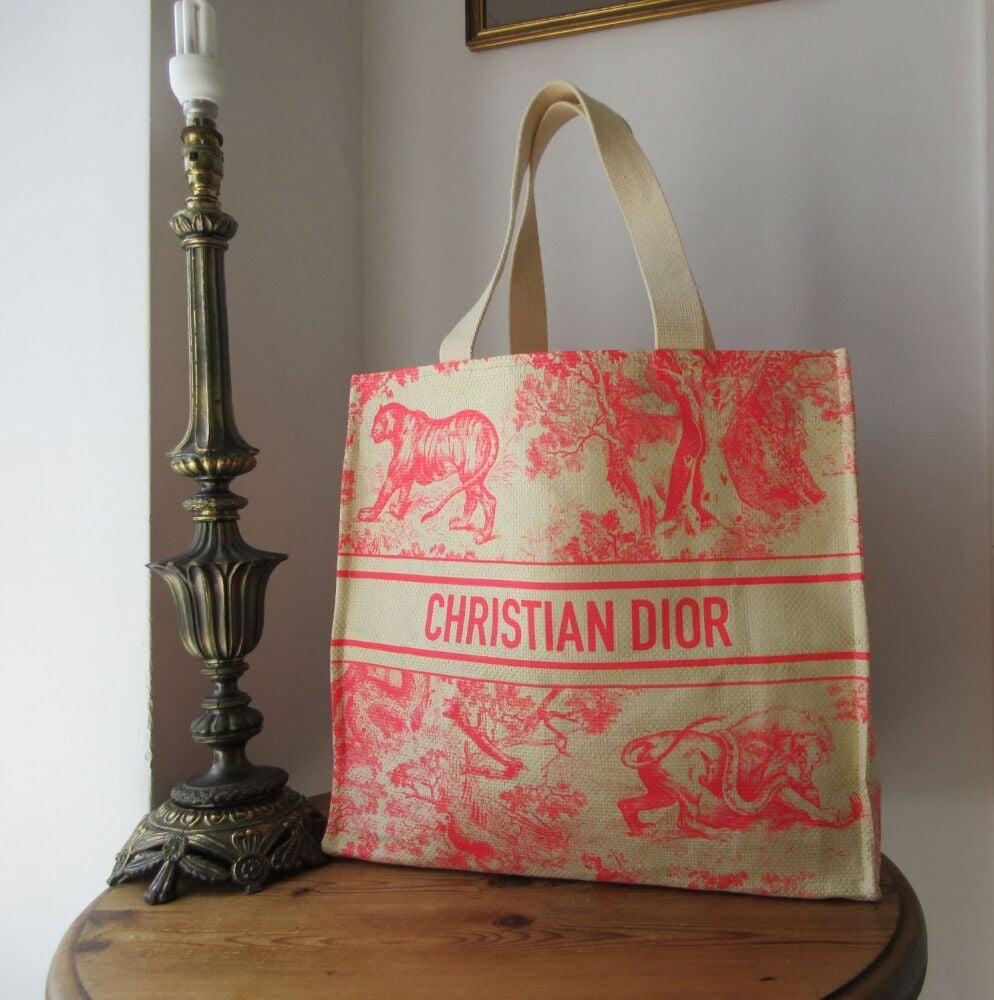 Christian Dior VIP Dioriviera Large Straw Book Tote with Hot Pink Toile de Jouy - New*