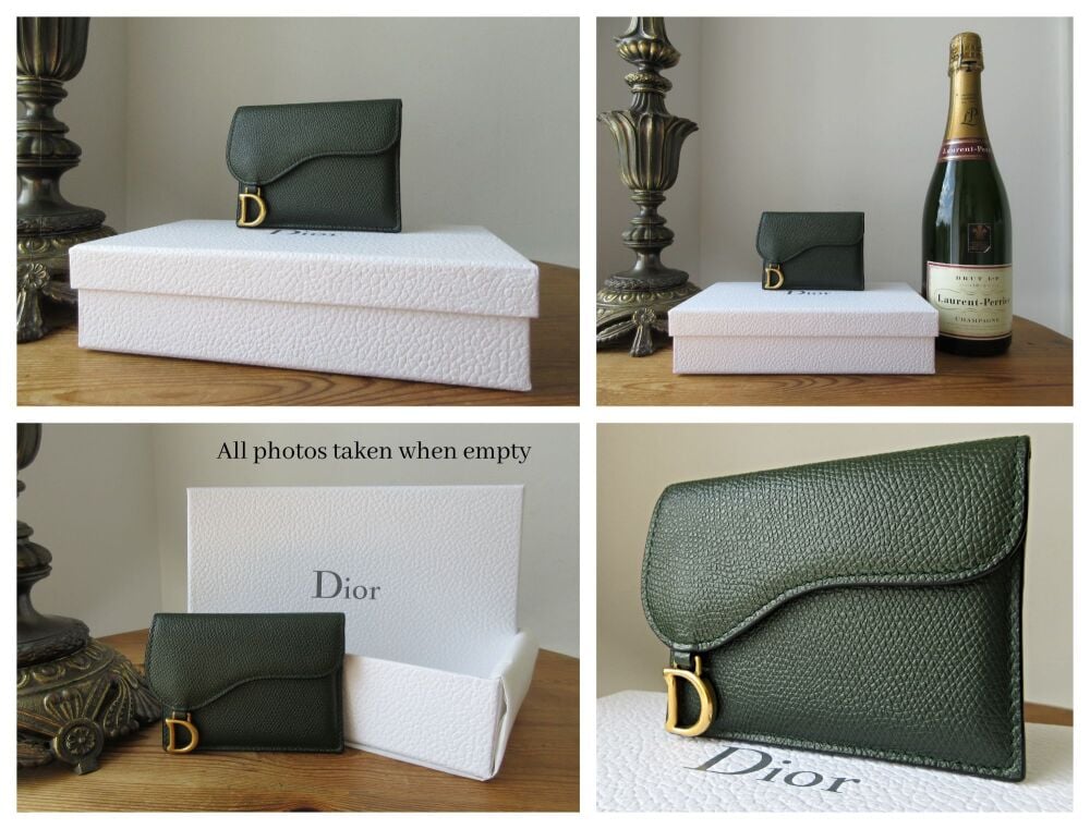 Dior Saddle Card Holder in Forest Green Grained Calfskin with Antique Gold Hardware