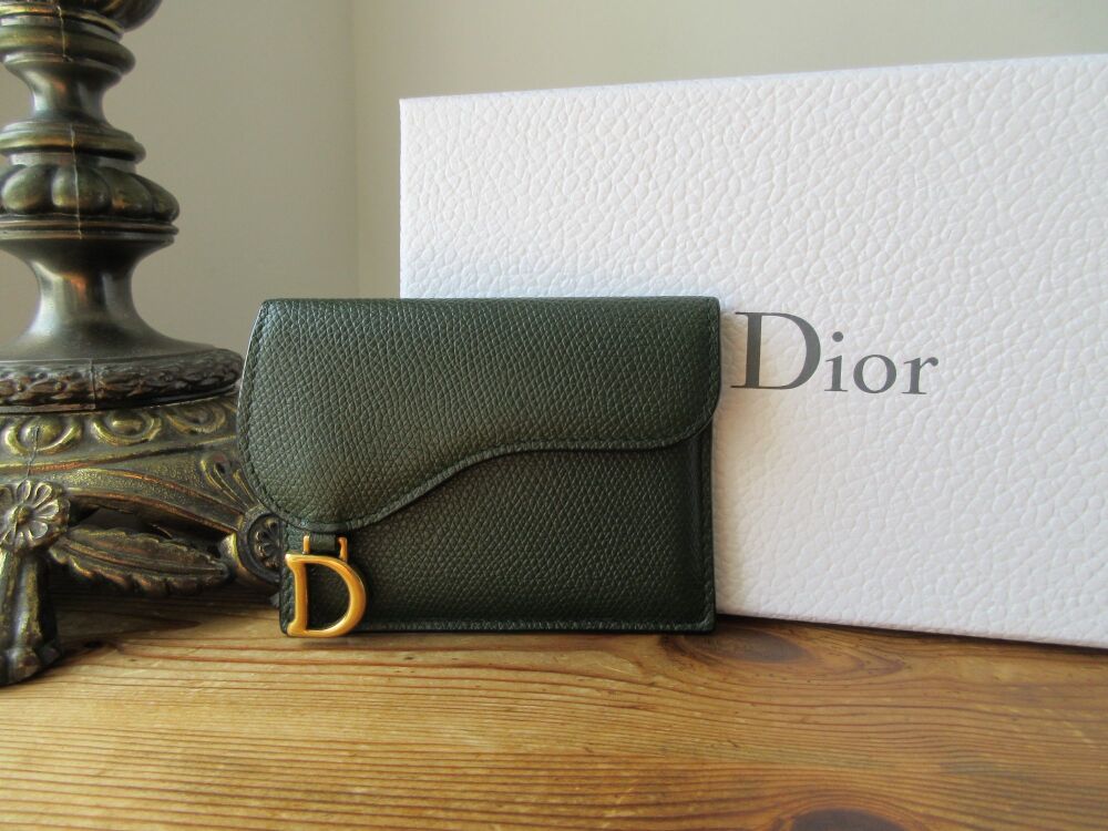 Dior Saddle Card Holder in Forest Green Grained Calfskin with Antique Gold Hardware