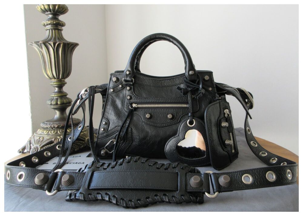 Balenciaga Neo Cagole XS Tote in Studded Black Crinkled Calfskin - New