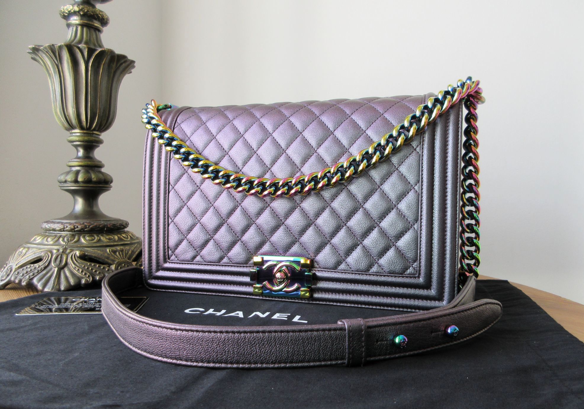 Chanel New Medium Boy Bag in Purple Iridescent Goatskin with Mermaid Rainbo