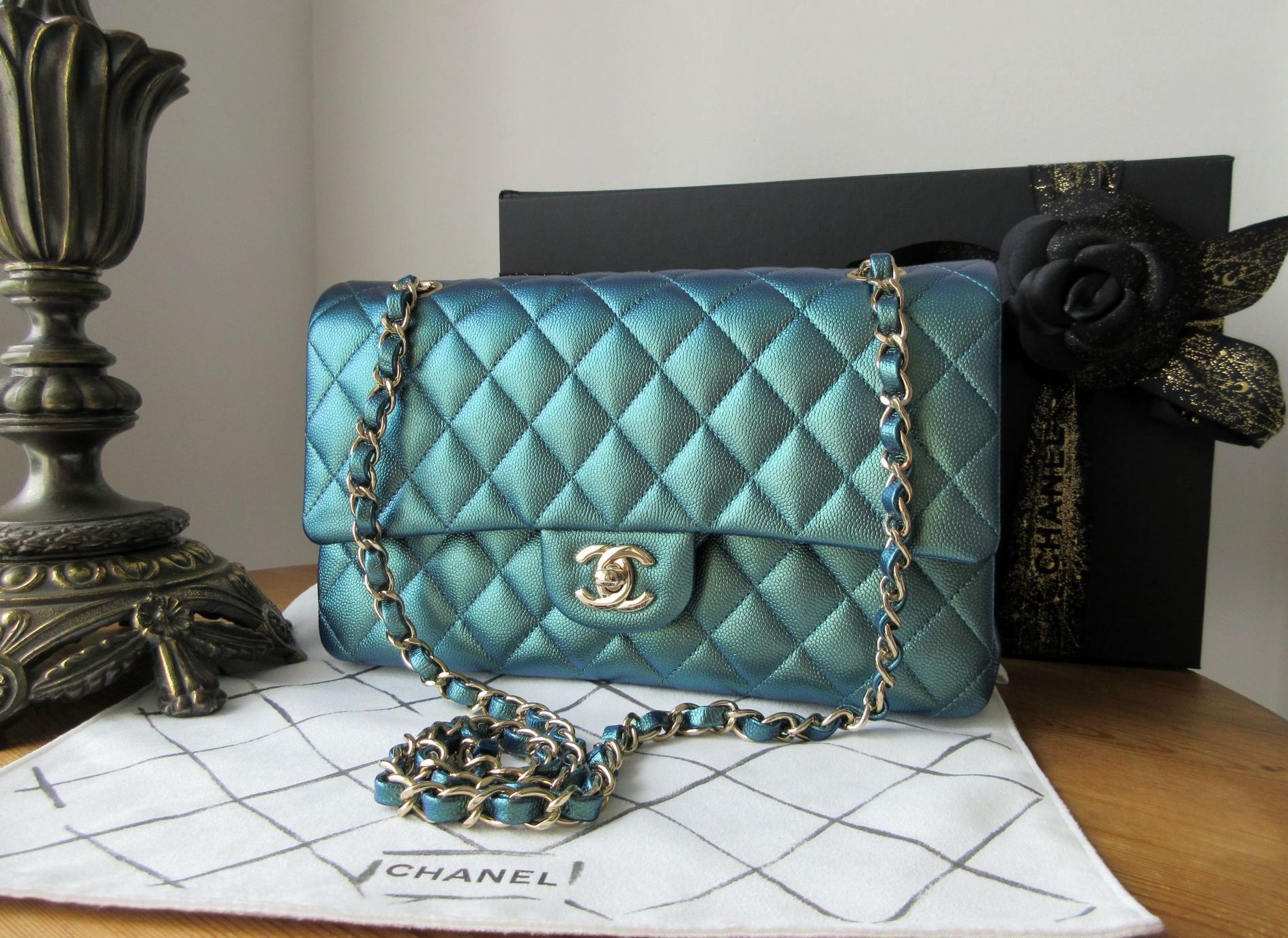Chanel Classic Medium Double Flap in Iridescent Green Caviar 22P