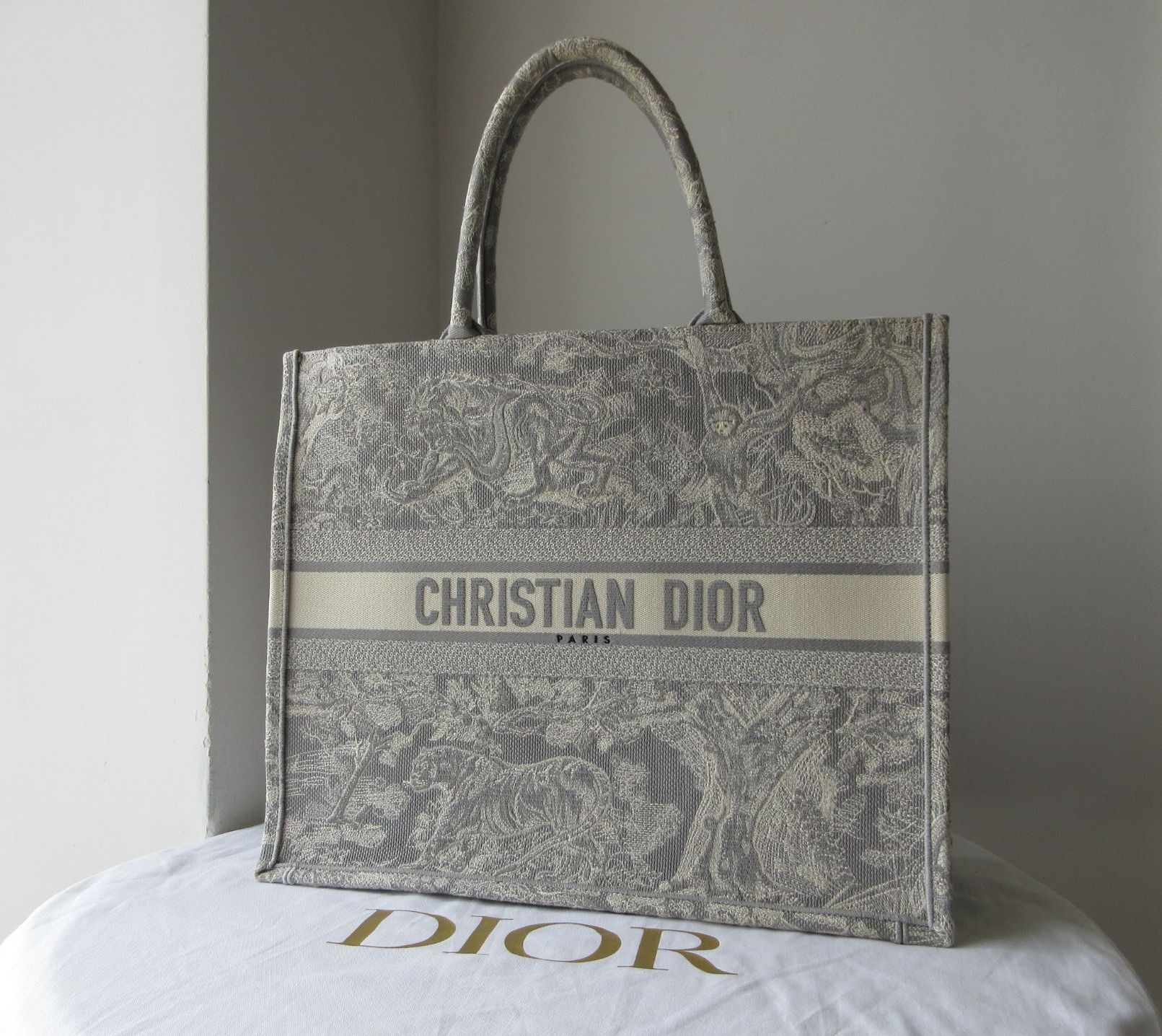 Christian Dior Large Book Tote in Ecru Grey Toile de Jouy Embroidery