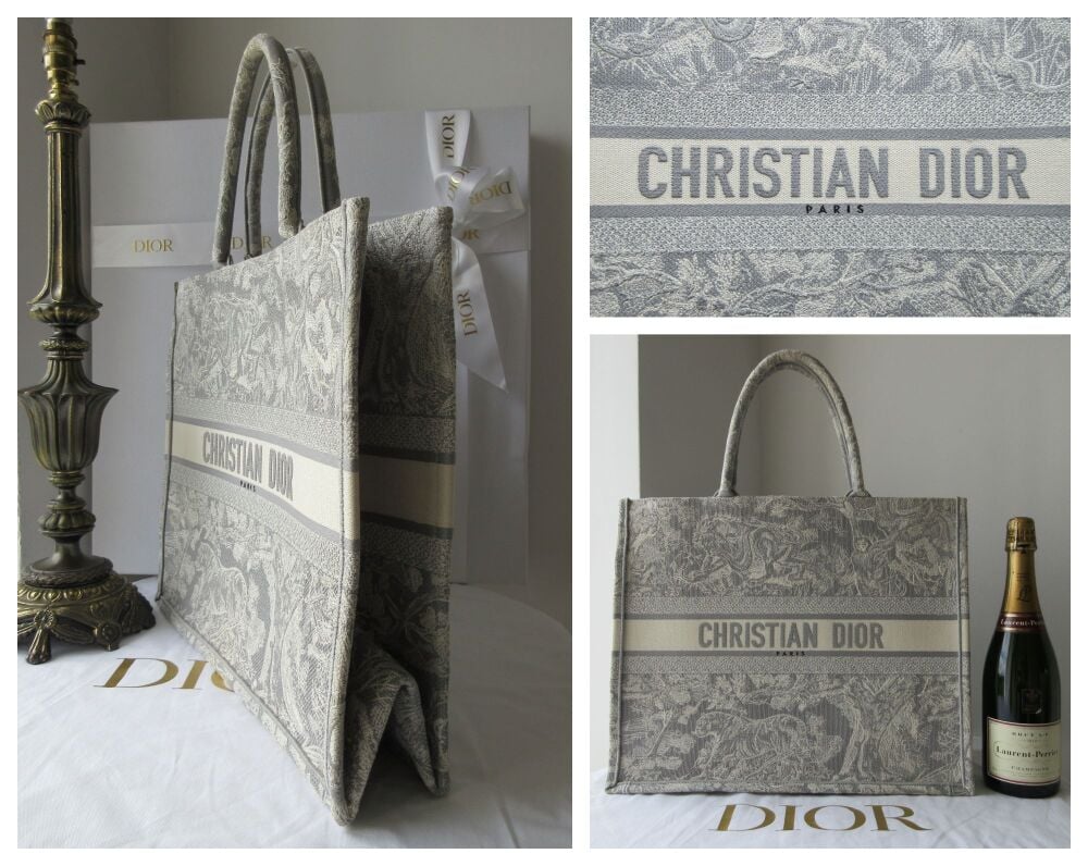 Christian Dior Large Book Tote in Ecru Grey Toile de Jouy Embroidery