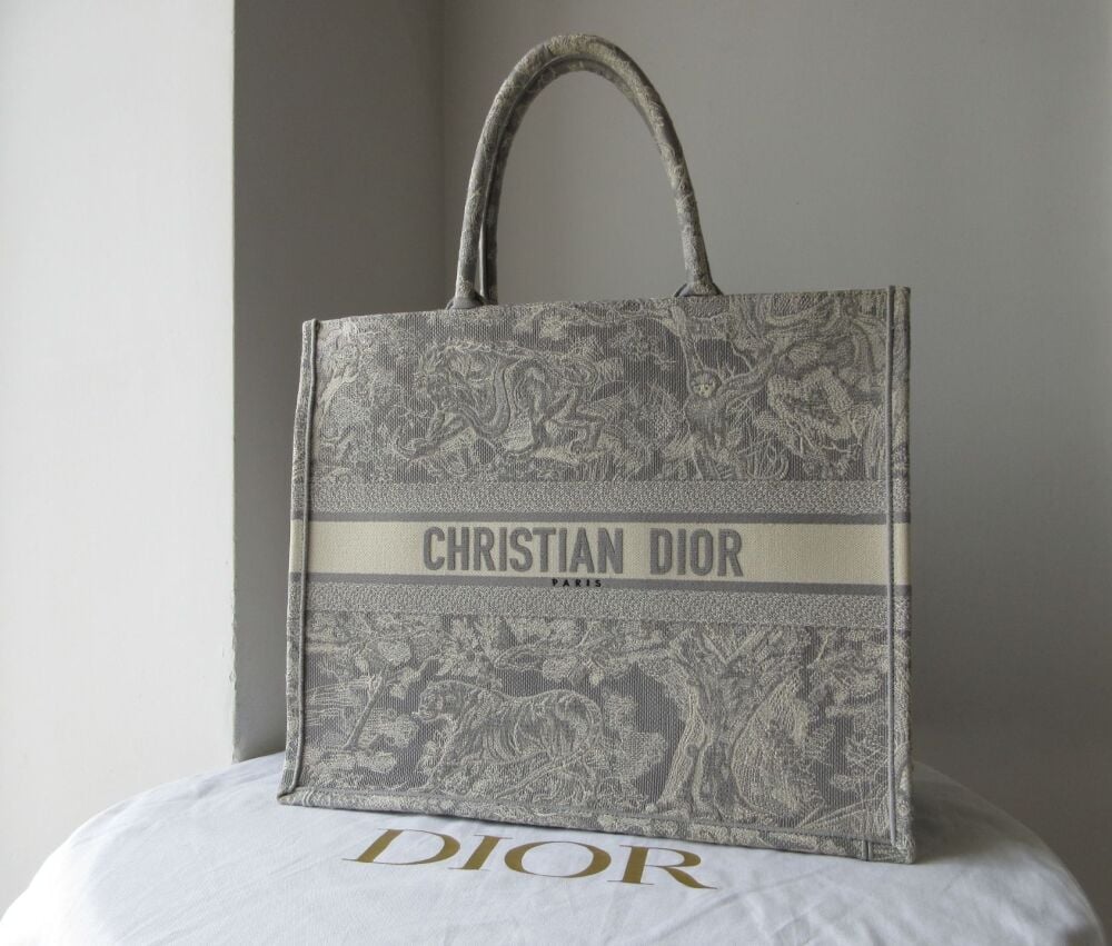 Christian Dior Large Book Tote in Ecru Grey Toile de Jouy Embroidery