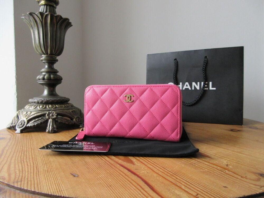 Chanel Classic Medium Zip Around Continental Wallet in Barbie Bright Pink Caviar
