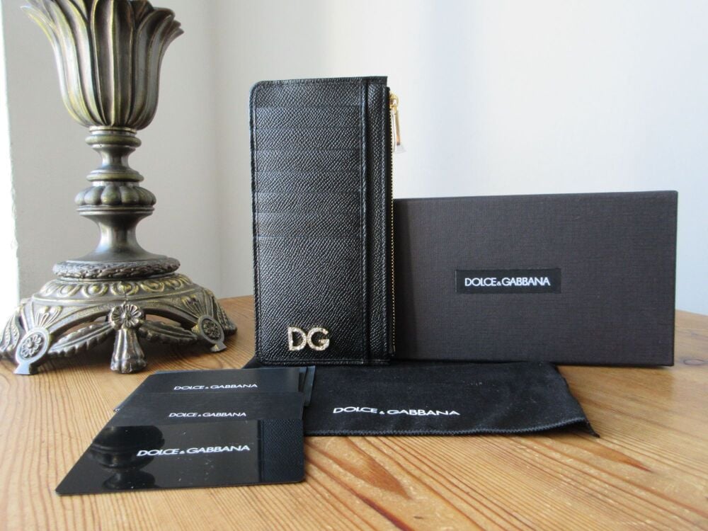 Dolce & Gabbana Strass Vertical Card Holder Wallet in Black Dauphine Calfskin - New