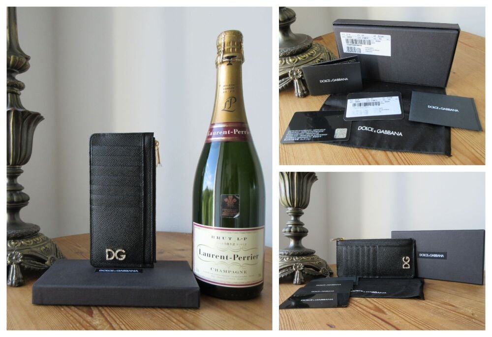 Dolce & Gabbana Strass Vertical Card Holder Wallet in Black Dauphine Calfskin - New
