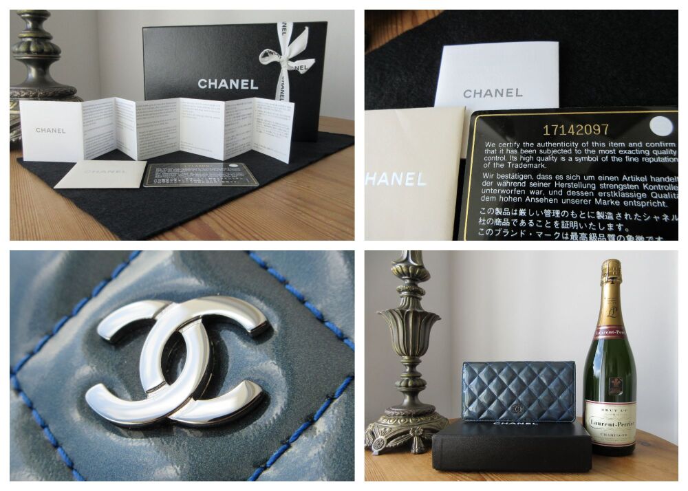 Chanel Classic Long Folded Yen Wallet in Blue Quilted Ombré Patent Leather