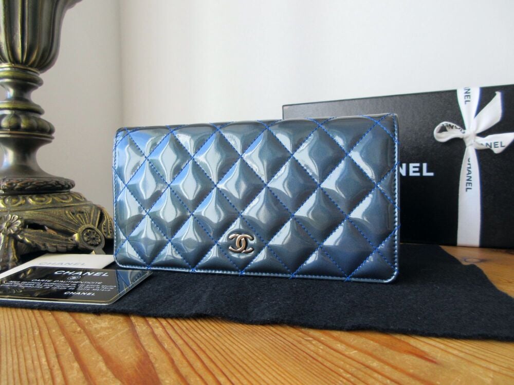 Chanel Classic Long Folded Yen Wallet in Blue Quilted Ombré Patent Leather