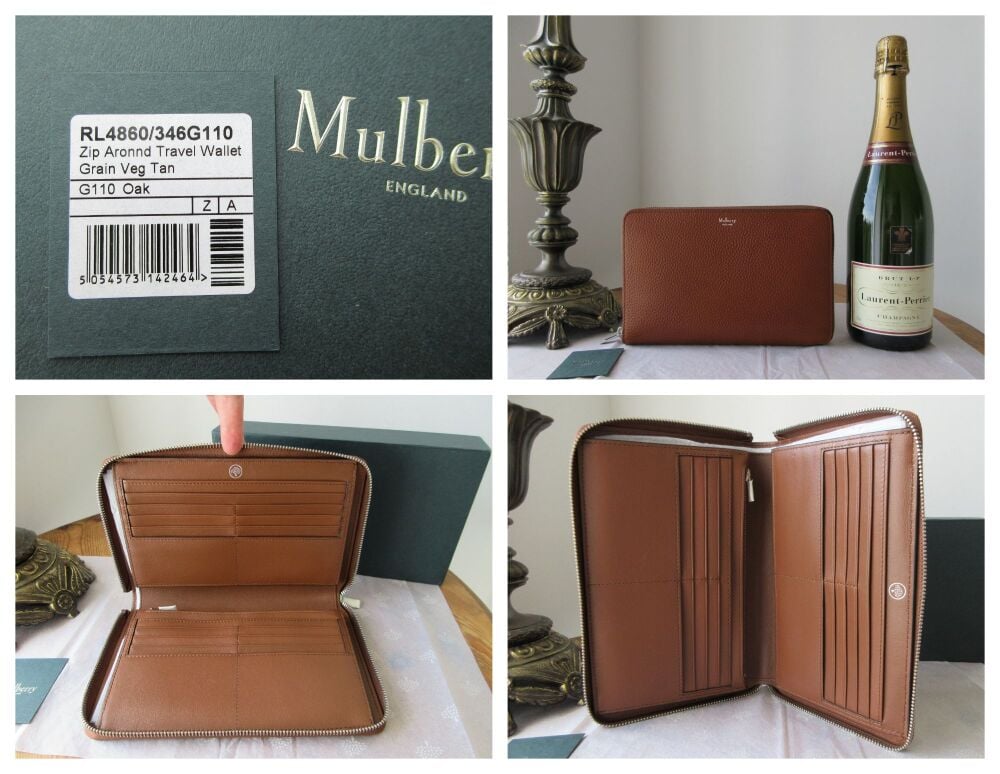 Mulberry Large Zip Around Travel Wallet in Oak Grained Vegetable Tanned Leather - New