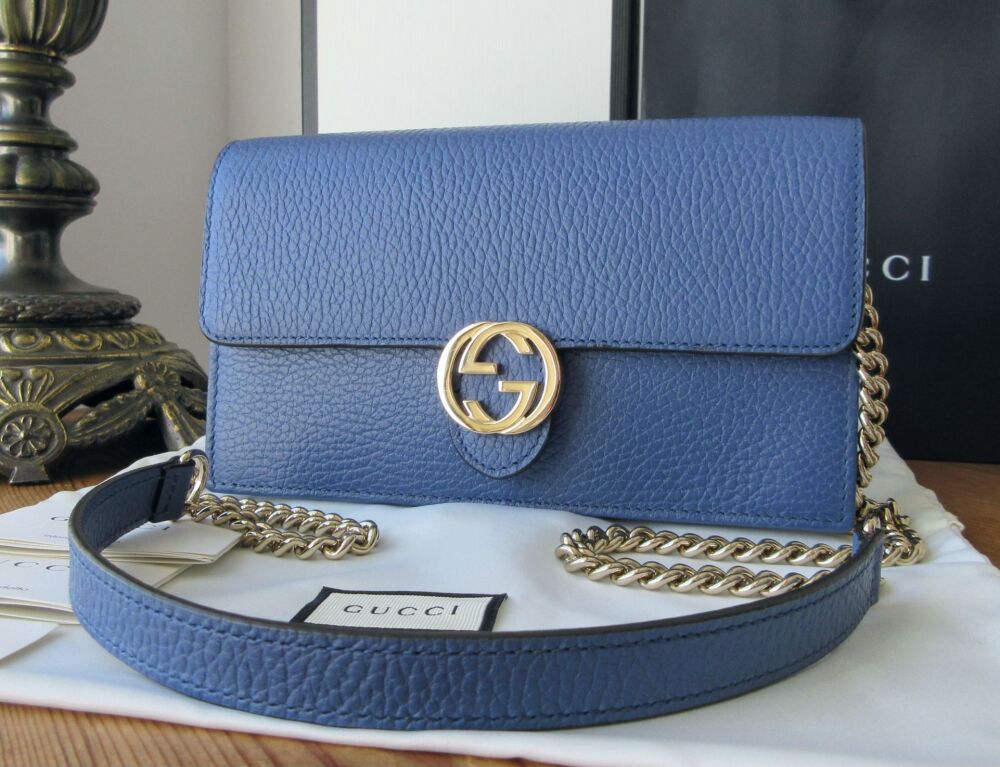 Gucci Dollar Interlocking Chain Wallet in Caspian Blue Calfskin New