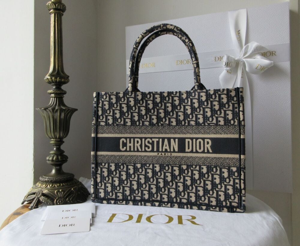Christian Dior Medium Book Tote in Navy Oblique Canvas New