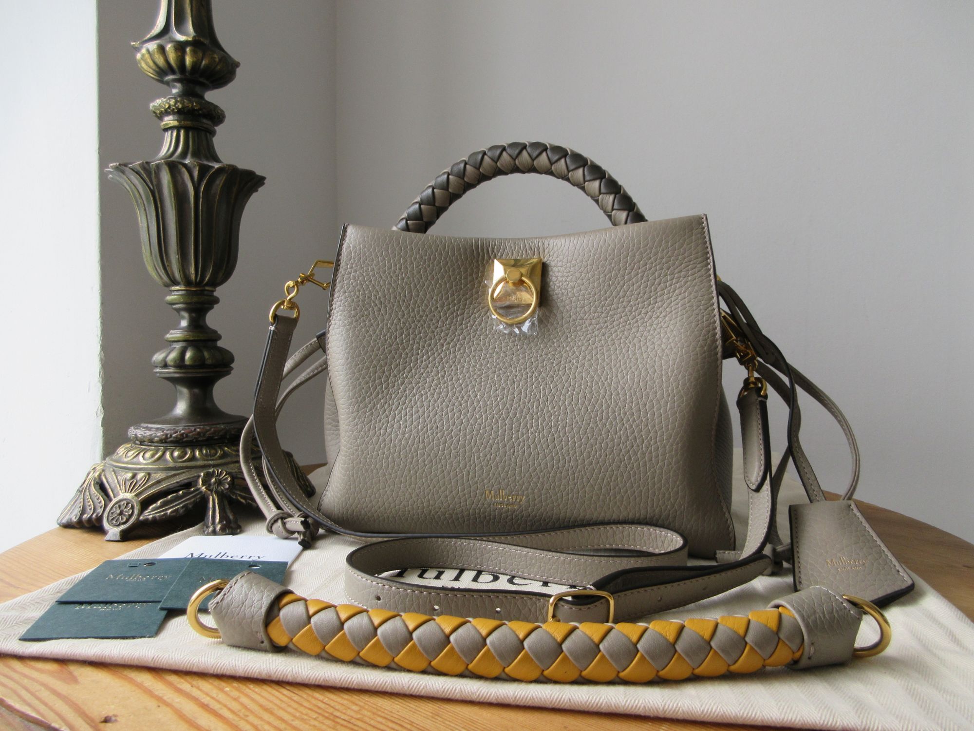 Mulberry Small Iris in Solid Grey Heavy Grain with Two Braided Handles New