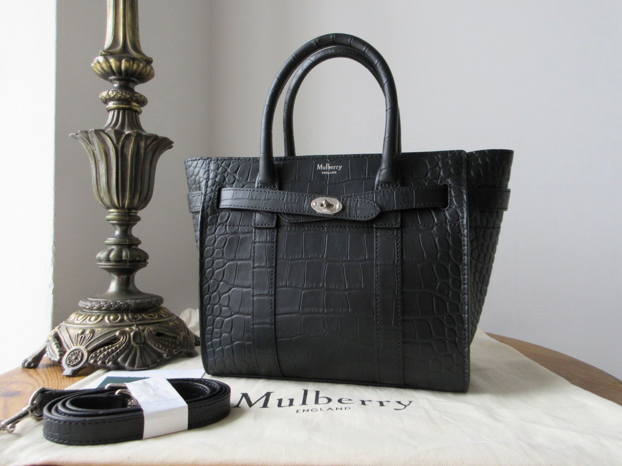 Mulberry Mini Zipped Bayswater in Black Matte Croc Print Leather New