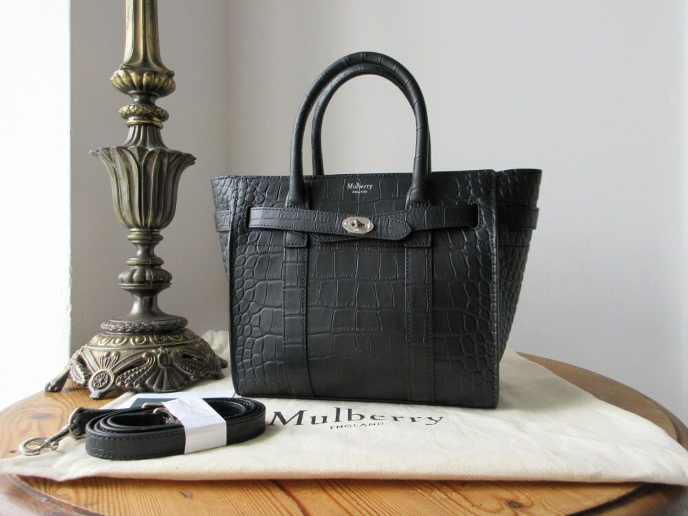 Mulberry Mini Zipped Bayswater in Black Matte Croc Print Leather - New