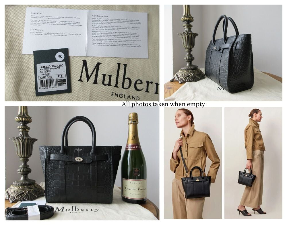 Mulberry Mini Zipped Bayswater in Black Matte Croc Print Leather - New