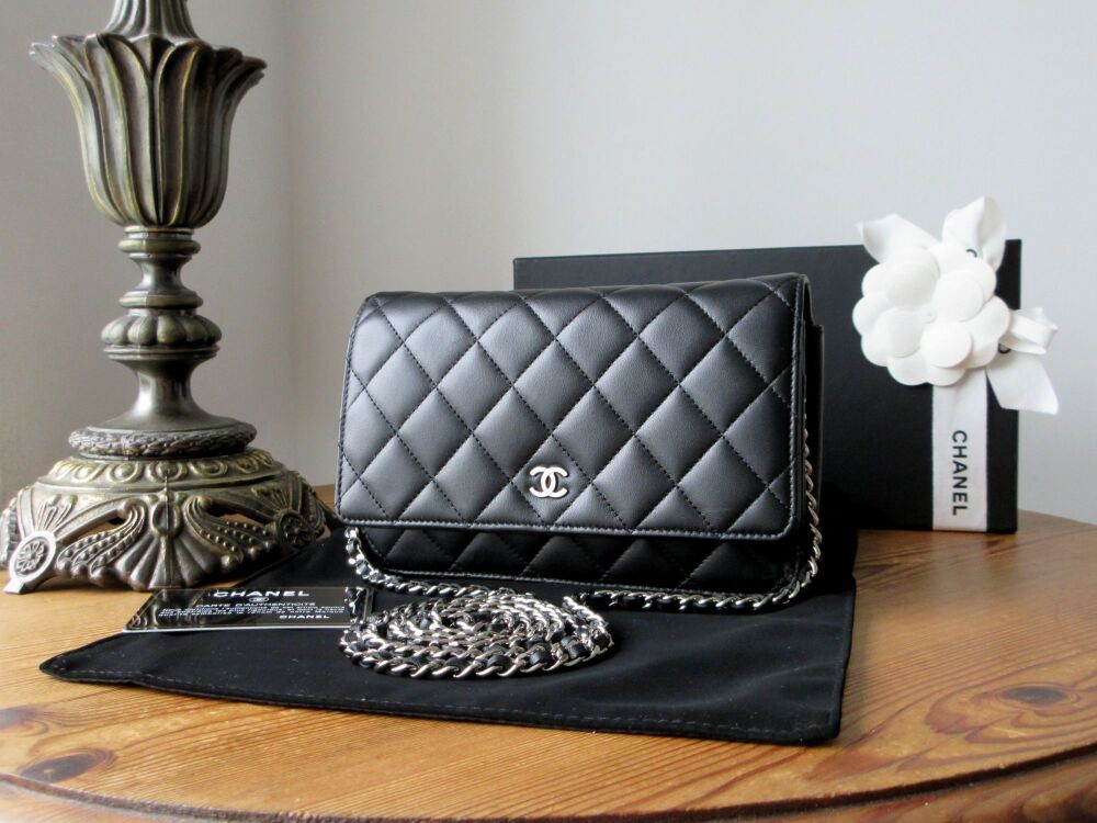 Chanel Classic Wallet on Chain WoC in Black Lambskin with Shiny Silver Hard