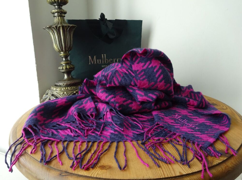 Mulberry Large Shawl Wrap Scarf in Blackberry & Fuchsia Houndstooth Lambswool - SOLD