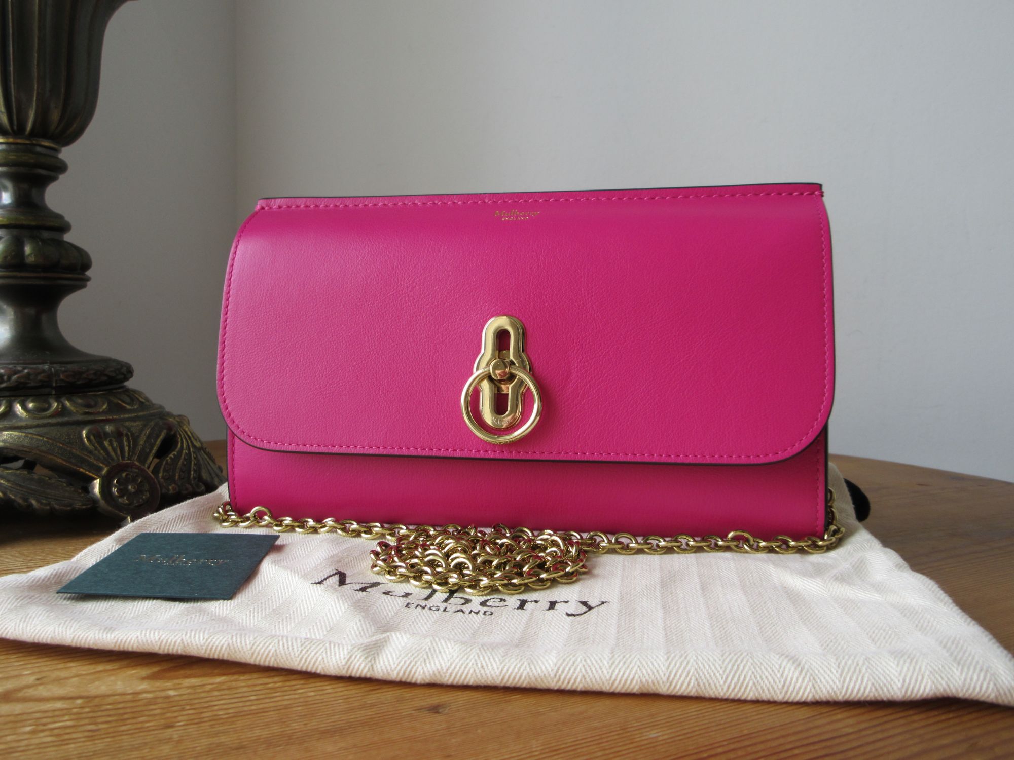Mulberry Amberley Shoulder Clutch Wallet on Chain in Mulberry Pink Silky Ca