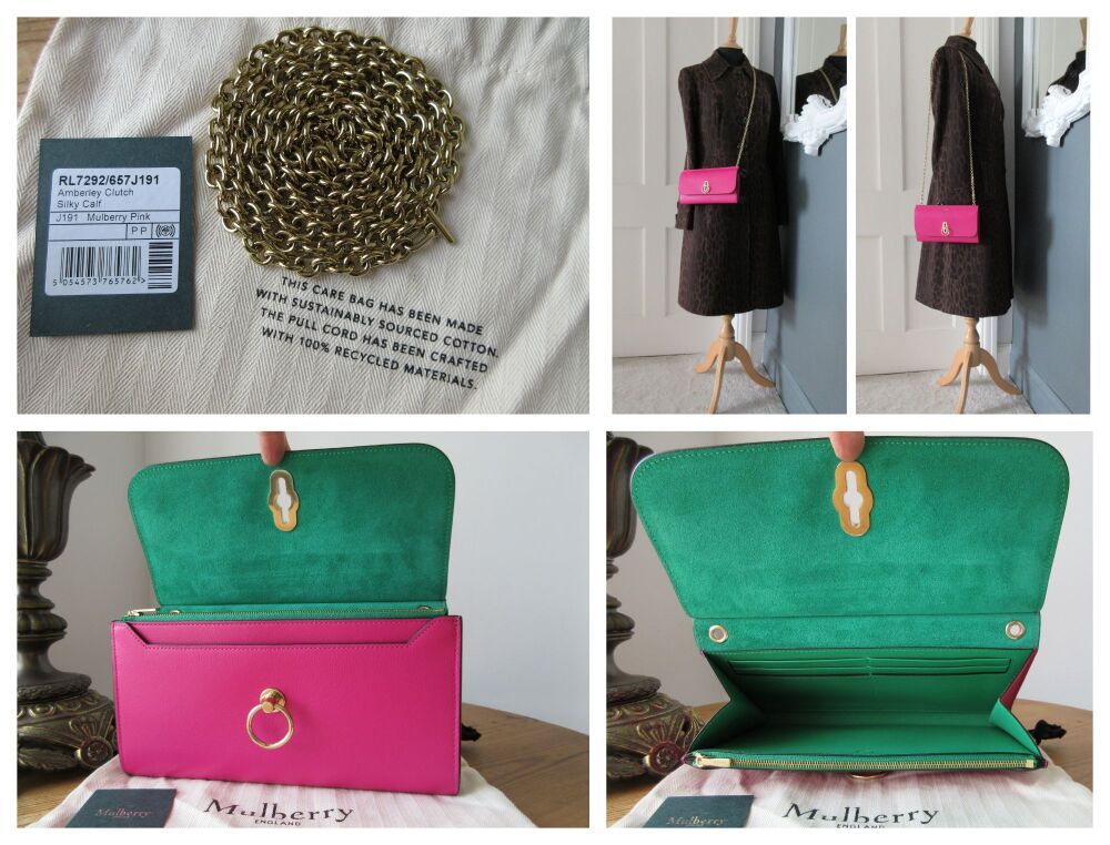 Mulberry Amberley Shoulder Clutch Wallet on Chain in Mulberry Pink Silky Calf - New*