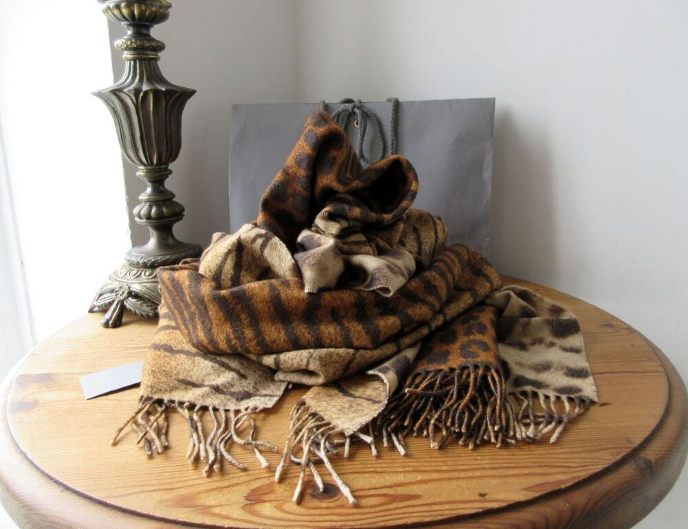 Mulberry Large Fringed Wrap Scarf in Reversible Sycamore Leopard & Tiger Printed Wool Cashmere - SOLD