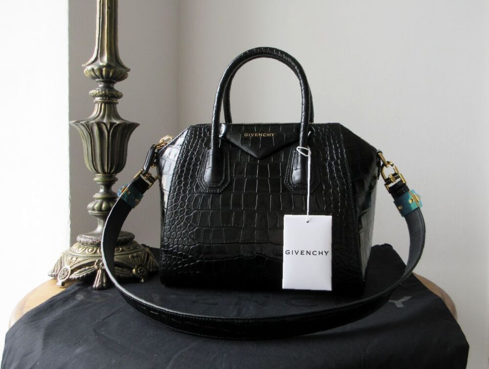 Givenchy Antigona Small in Black Shiny Croc Embossed Calfskin - New