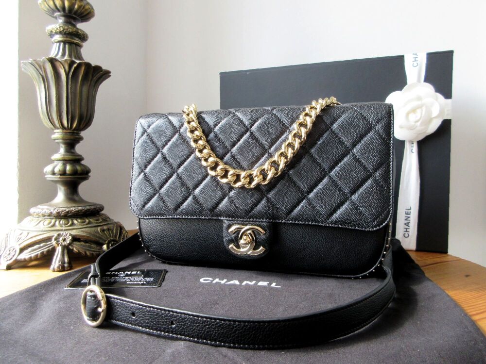 Chanel So Light Medium Studded Flap Bag in Black Caviar with Champagne Gold