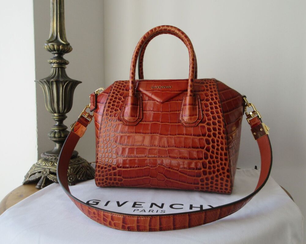 Givenchy Antigona Small in Cognac Brown Shiny Croc Embossed Calfskin
