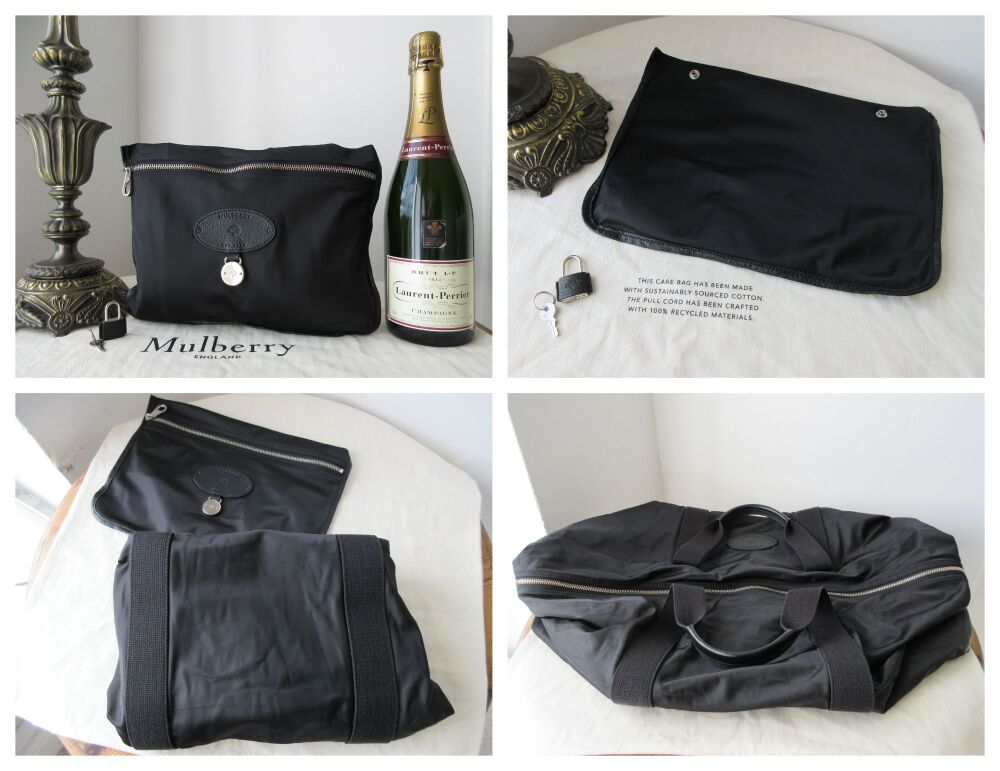 Mulberry Large Lightweight Foldaway Travel Clipper in Black Nylon & Calfskin