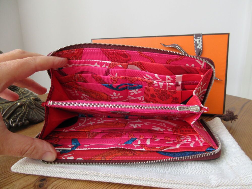 Hermés Azap 'Silk'in' Long Zip Around Purse Wallet in Bordeaux Epsom with Rose Mexico & Bougainvillier Lining