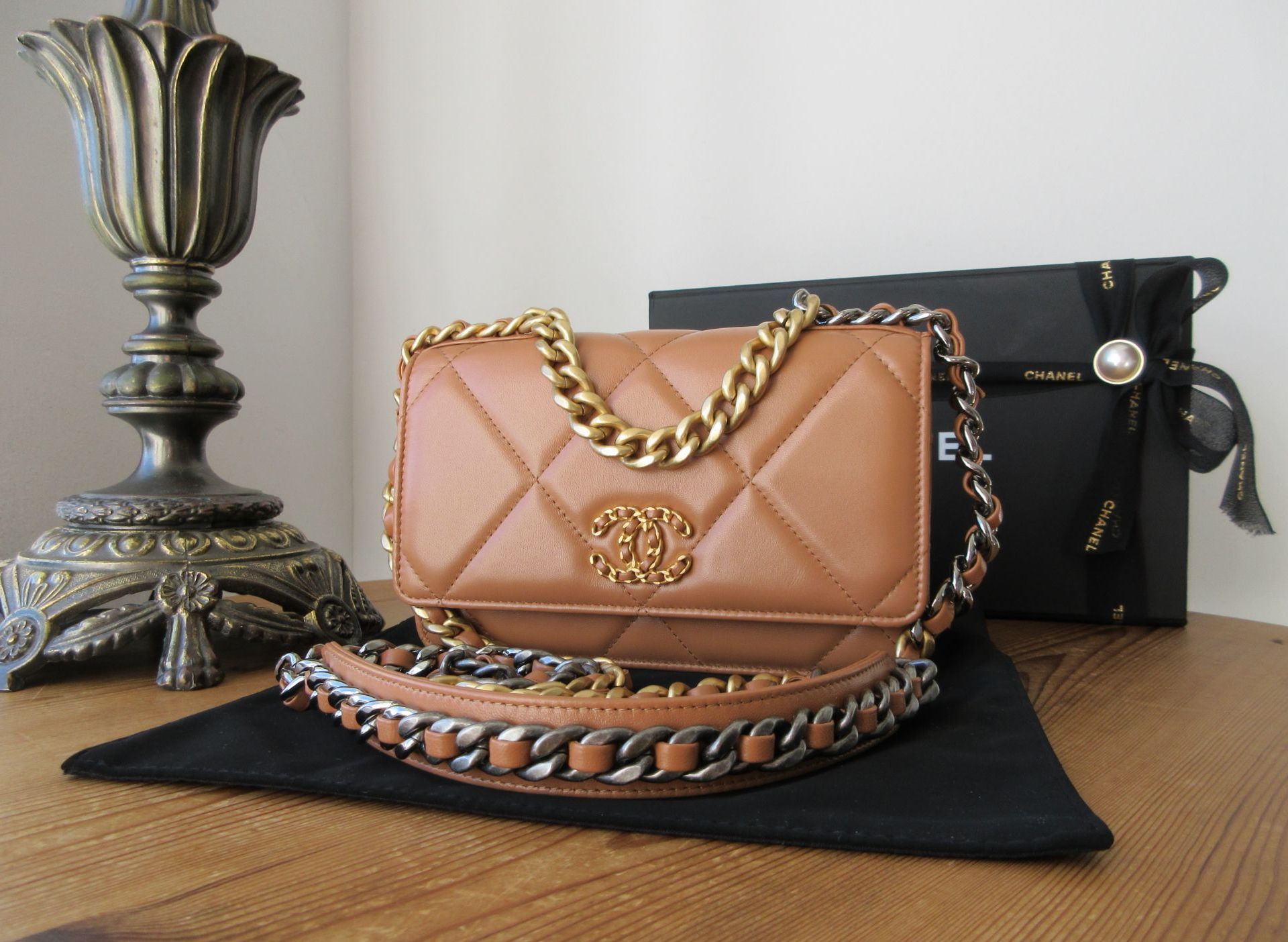 Chanel 19 Wallet on Chain WoC in Dark Caramel Lambskin with Tricolore Hardw