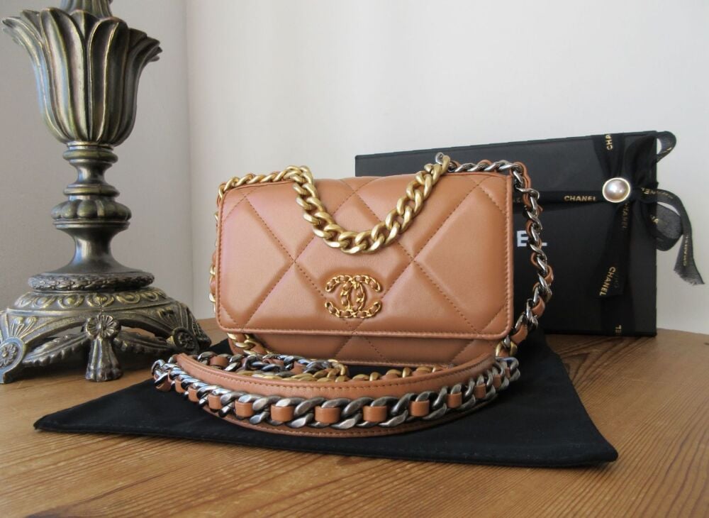 Chanel 19 Wallet on Chain WoC in Dark Caramel Lambskin with Tricolore Hardware