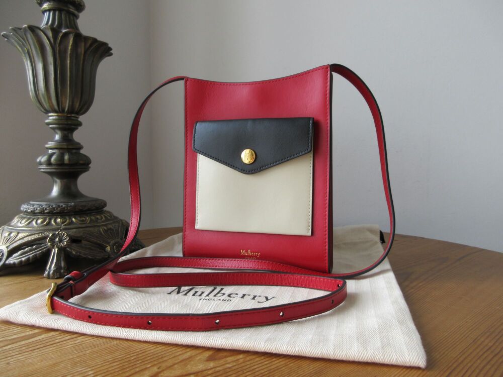Mulberry Press Stud Medium Phone Pouch in Tricolour Scarlet, Chalk & Black Smooth Calf