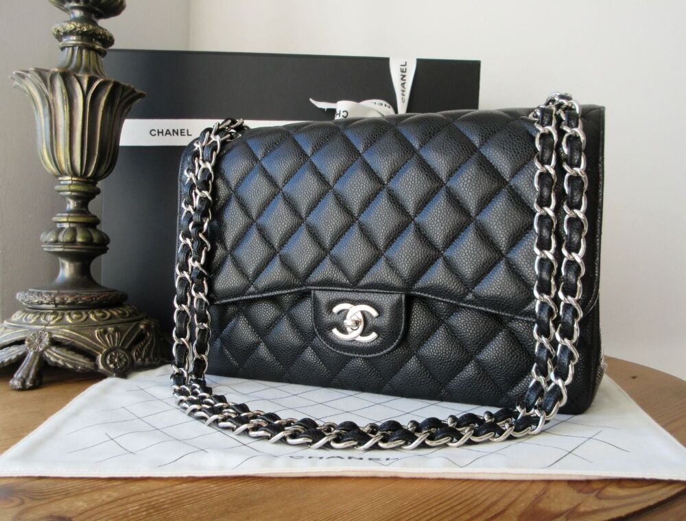 Chanel Timeless Classic 2.55 Large (Jumbo) Double Flap Bag in Black Caviar with Silver Hardware