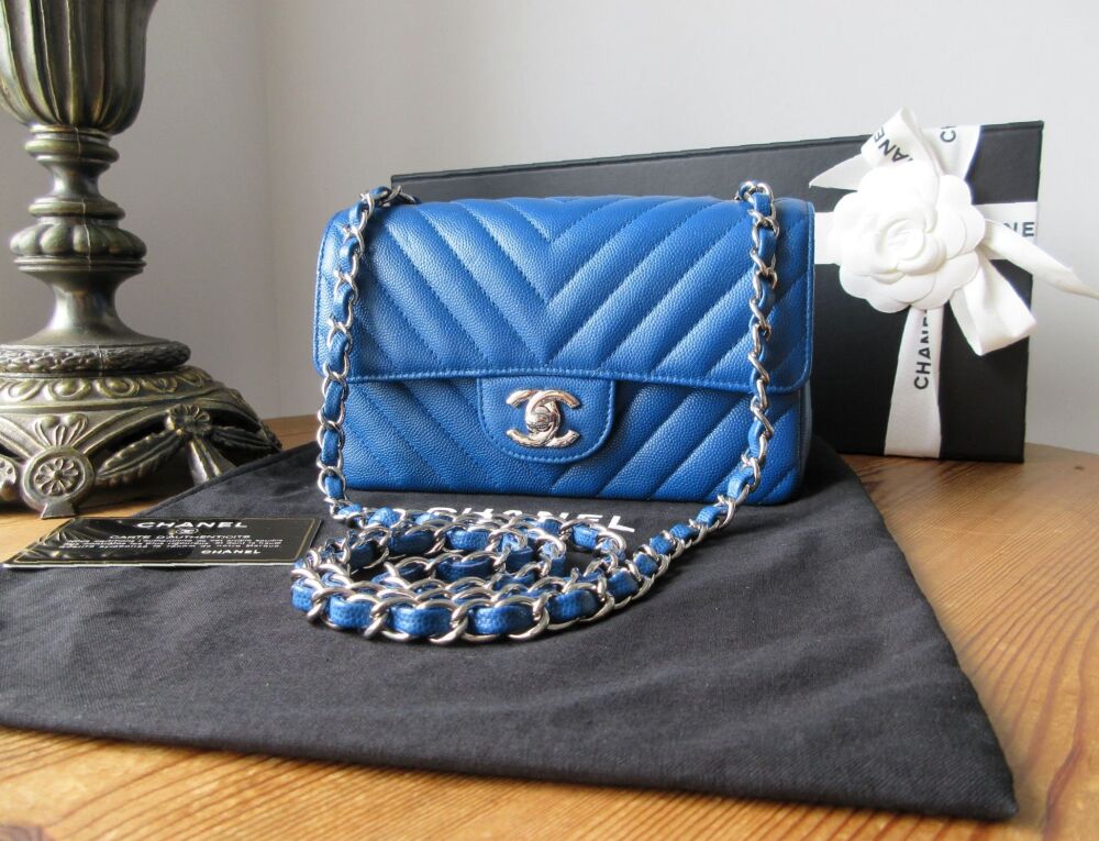 Chanel Chevron Quilted Rectangular Mini Flap Bag in Blue Caviar with Shiny